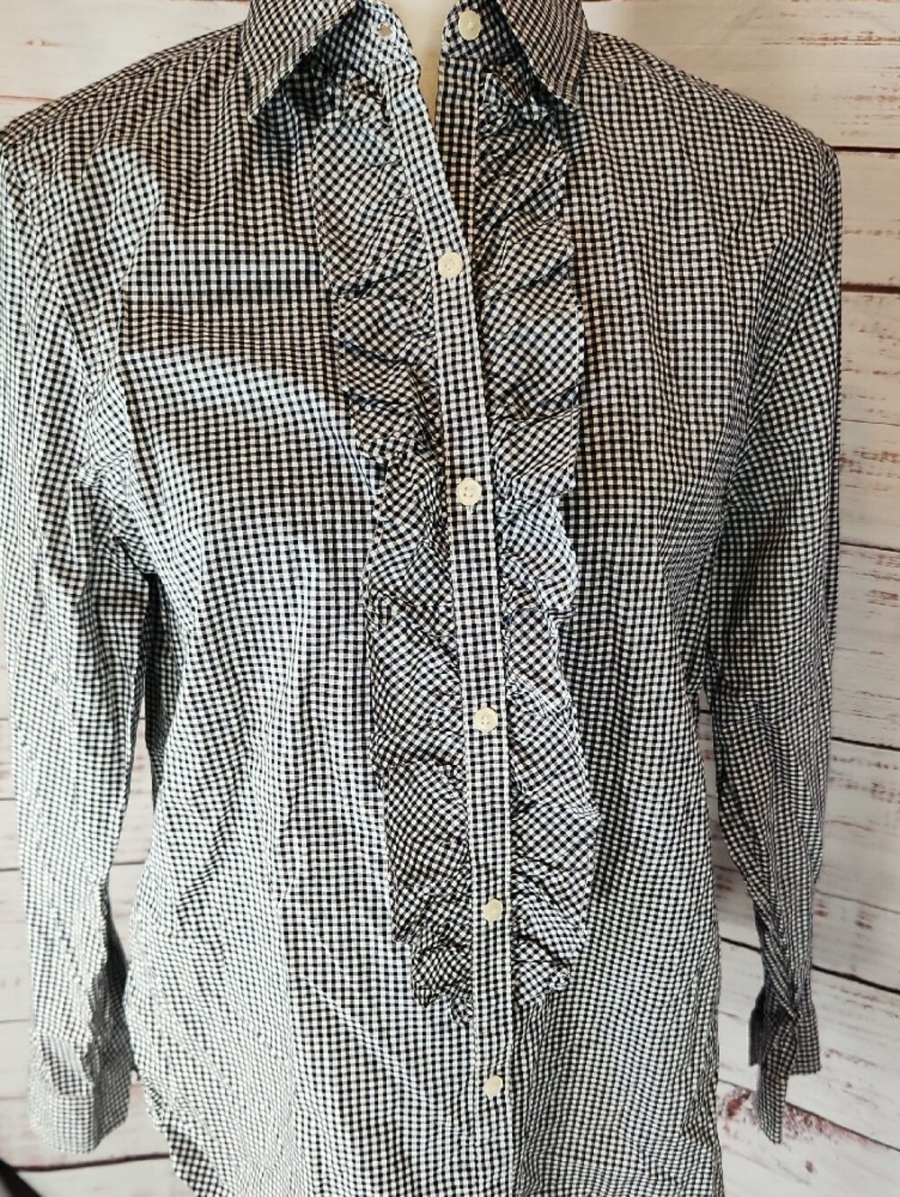 Lauren Ralph Lauren Women's Black and White Gingham Ruffle Front Dress Shirt - Picture 4 of 5